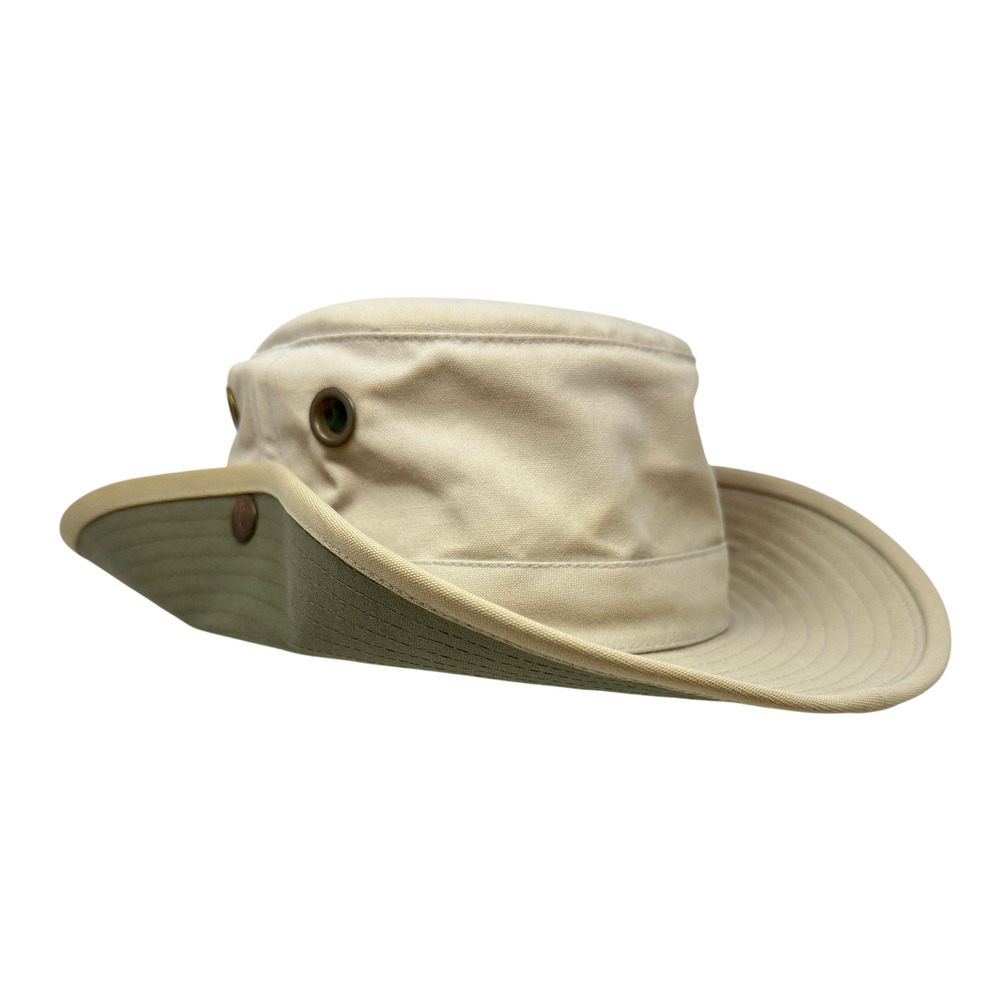 Tilley Hat 7 3/8 Khaki Canvas Boonie Sun Hat Snap Brim Chin Cord Outdoor Travel